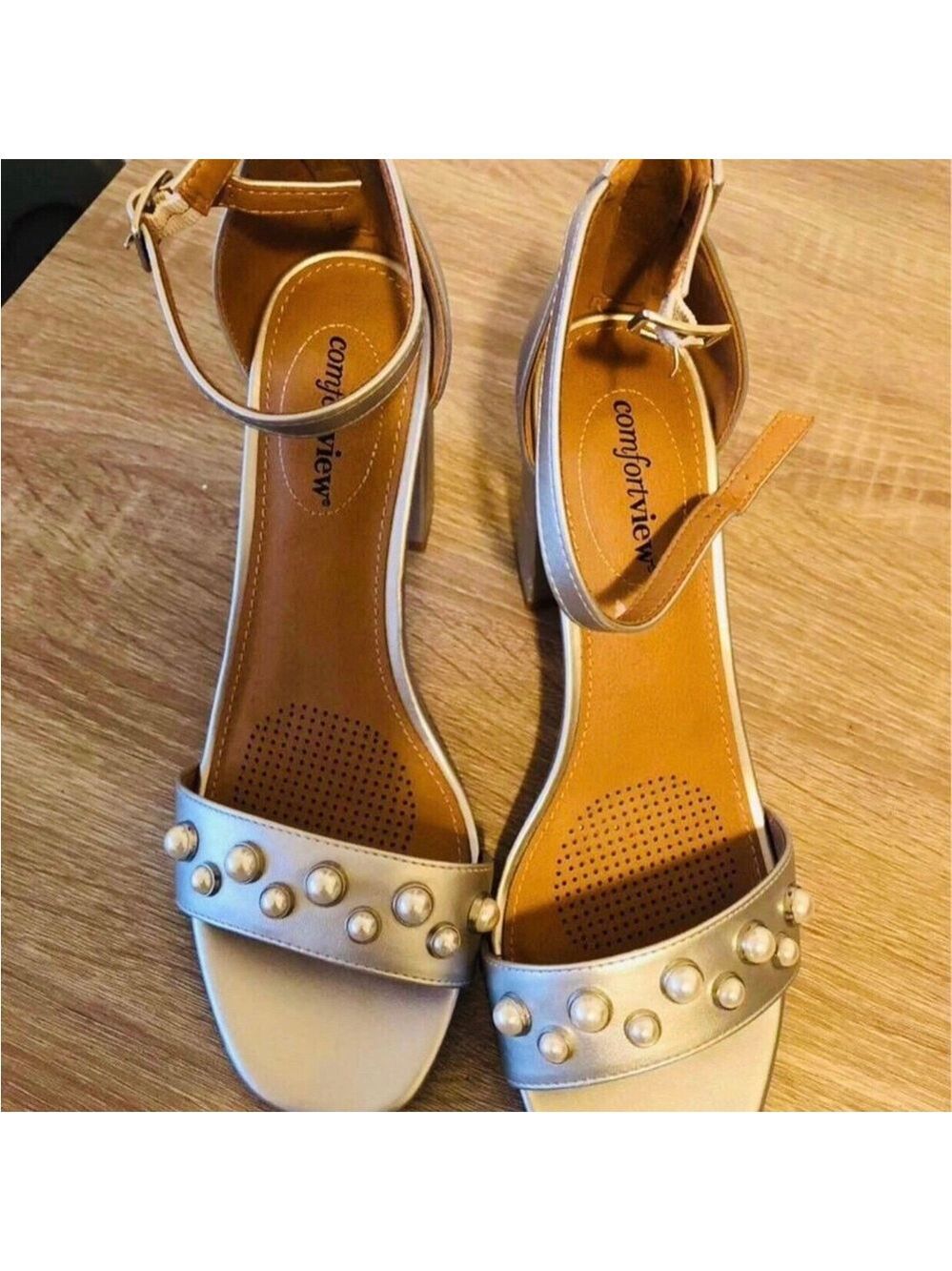 Size 10W Comfortview Sexy Silver Chunky Heels with Pearl Details Women’s - Picture 3 of 7